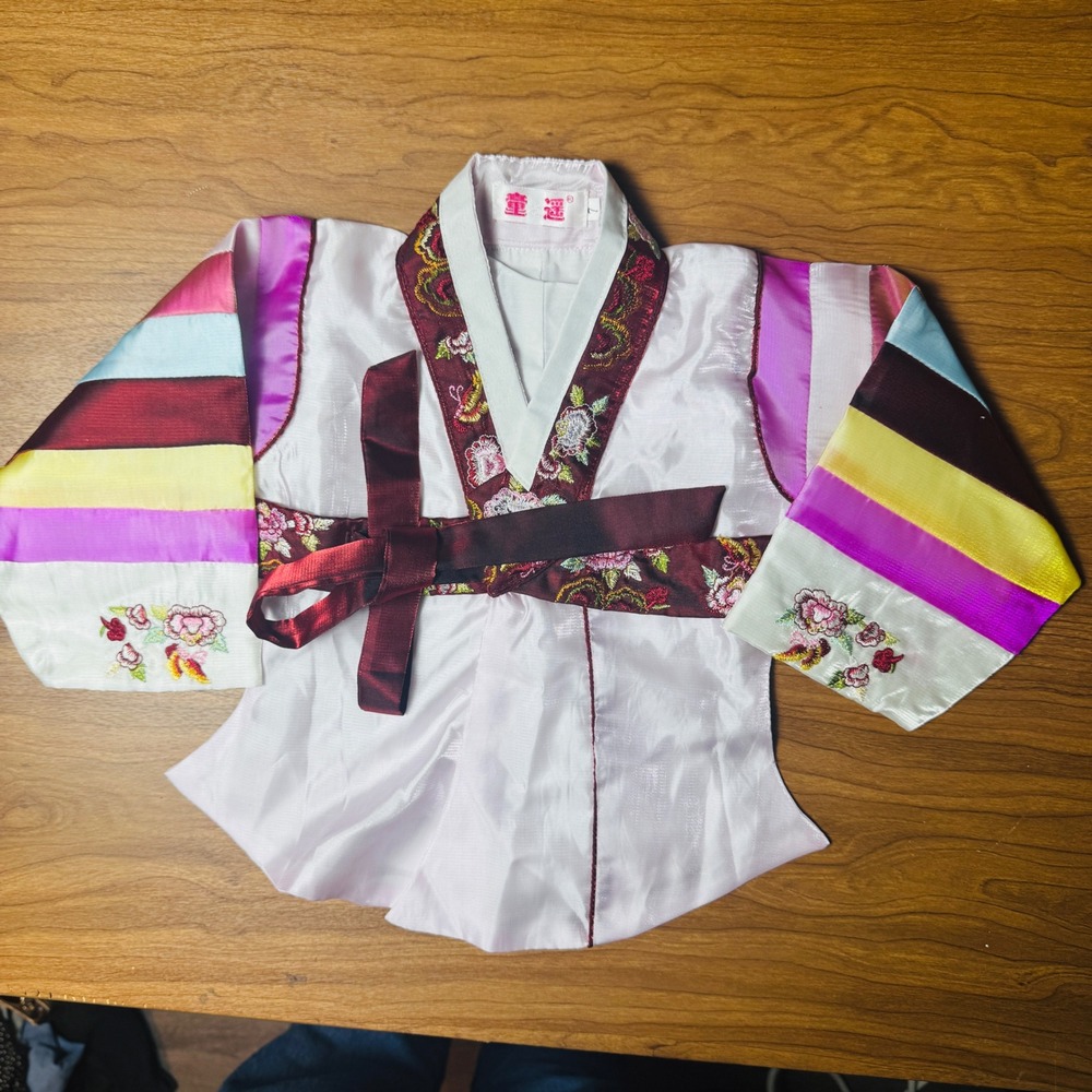Tong Yao Kids Pink Hanbok Jeogori Jacket Floral Embroidered Striped Sleeves Sz 7